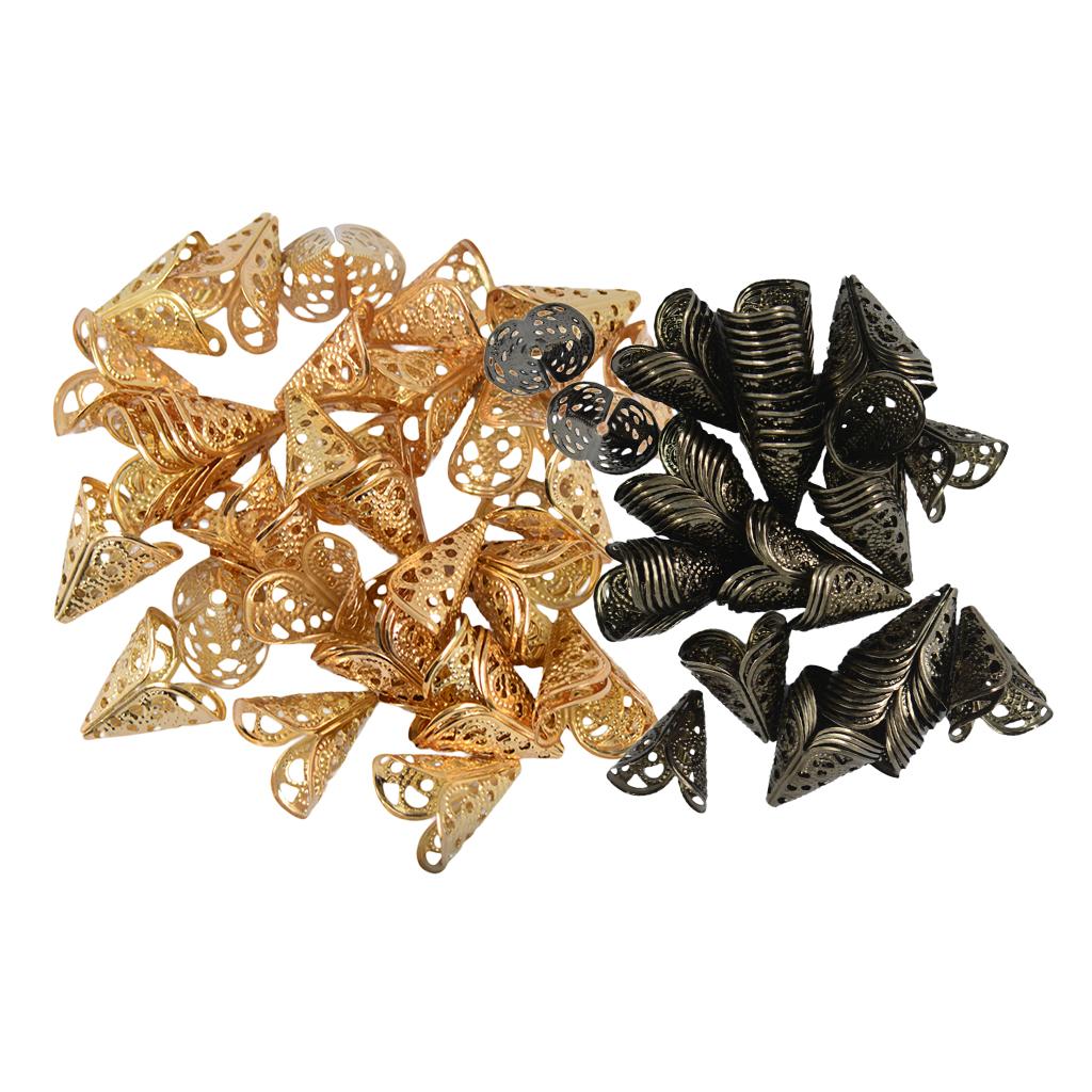 100Pcs 16mm Filigree Cone Flower Cap for Beads Tassel DIY Craft Gold & Black