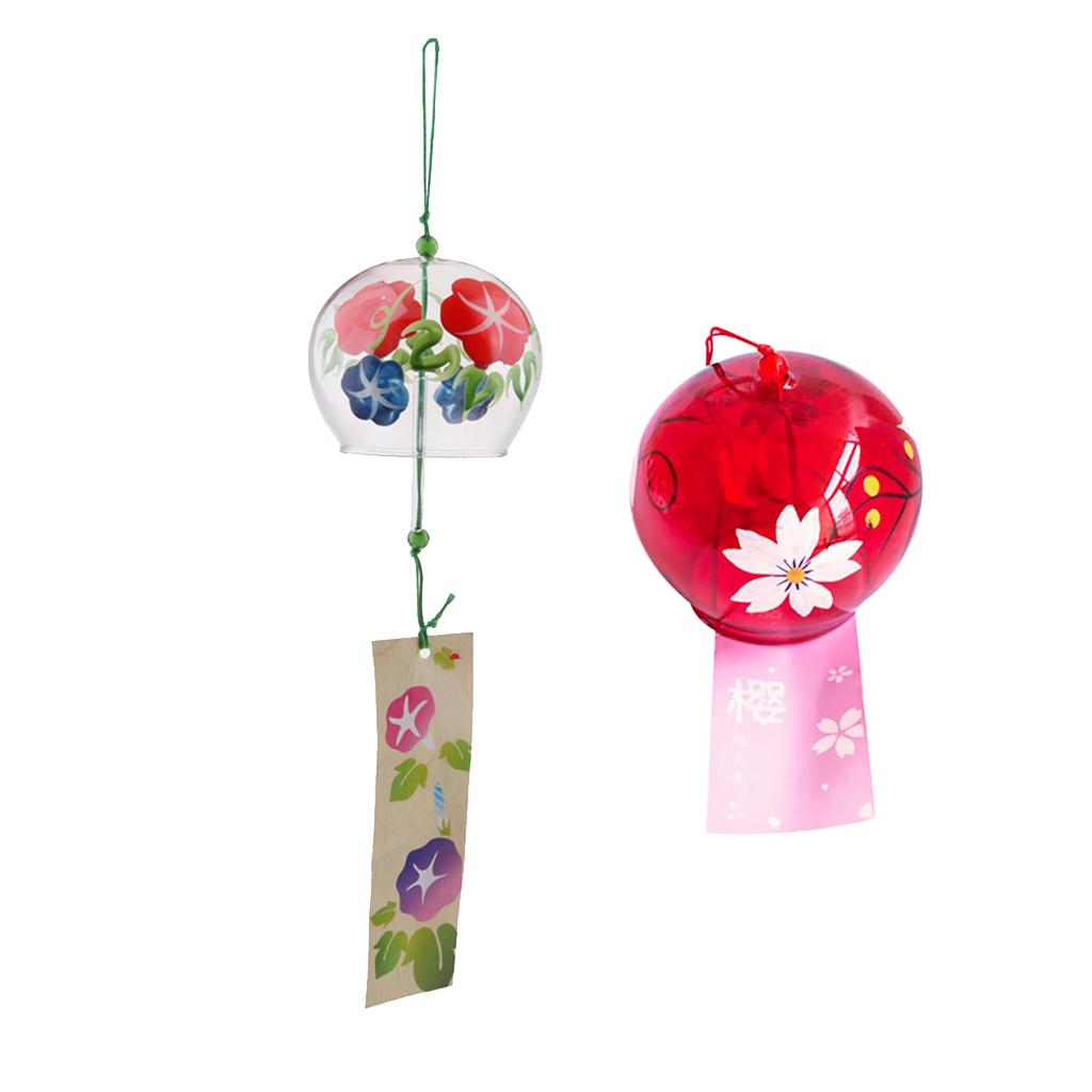 2 Pieces Glass Wind Chime Home Hanging Decor Oriental Cherry & Morning Glory