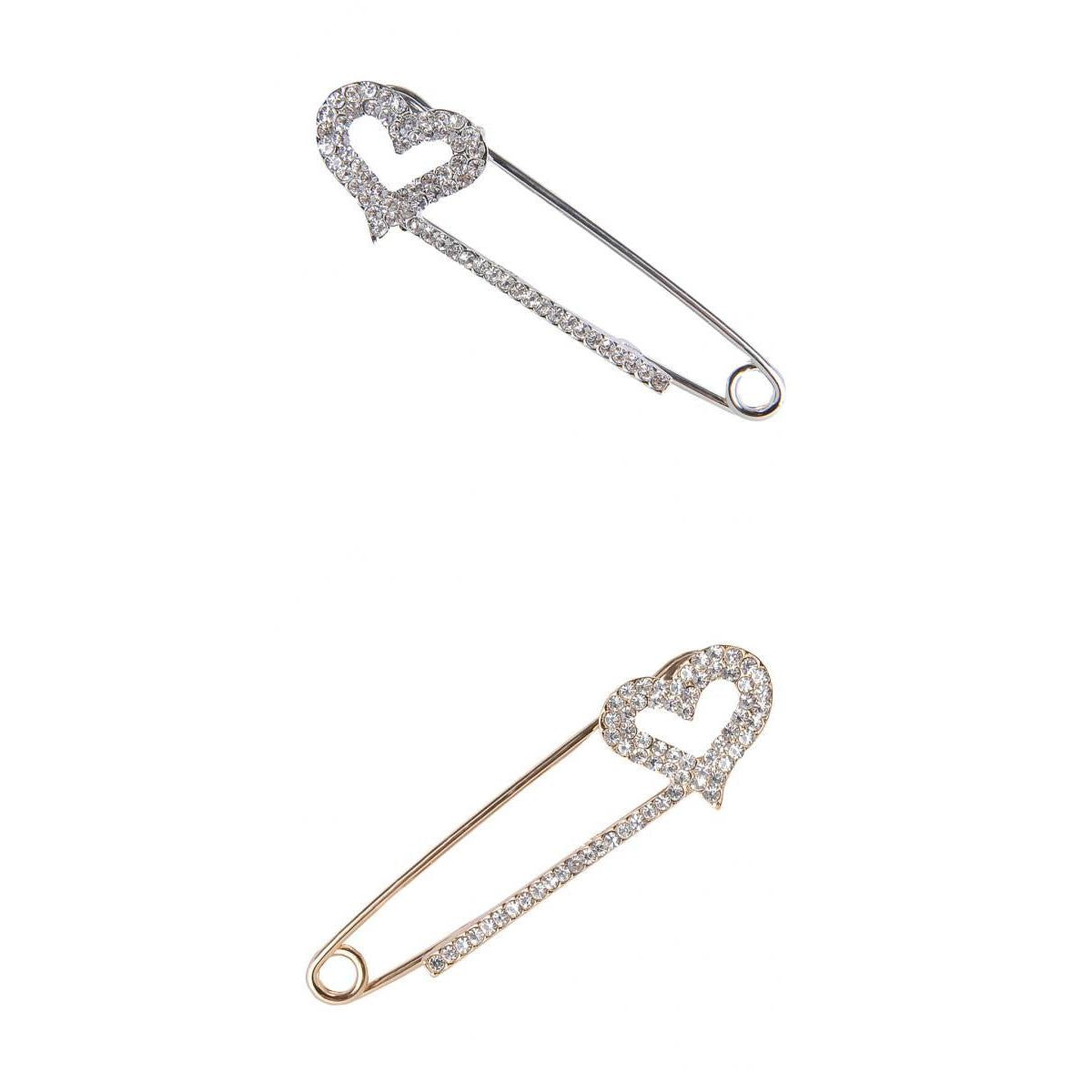 2 Pieces Crystal Safety Pin Scarf Coat Gown Clip Collar Lapel Pin Heart
