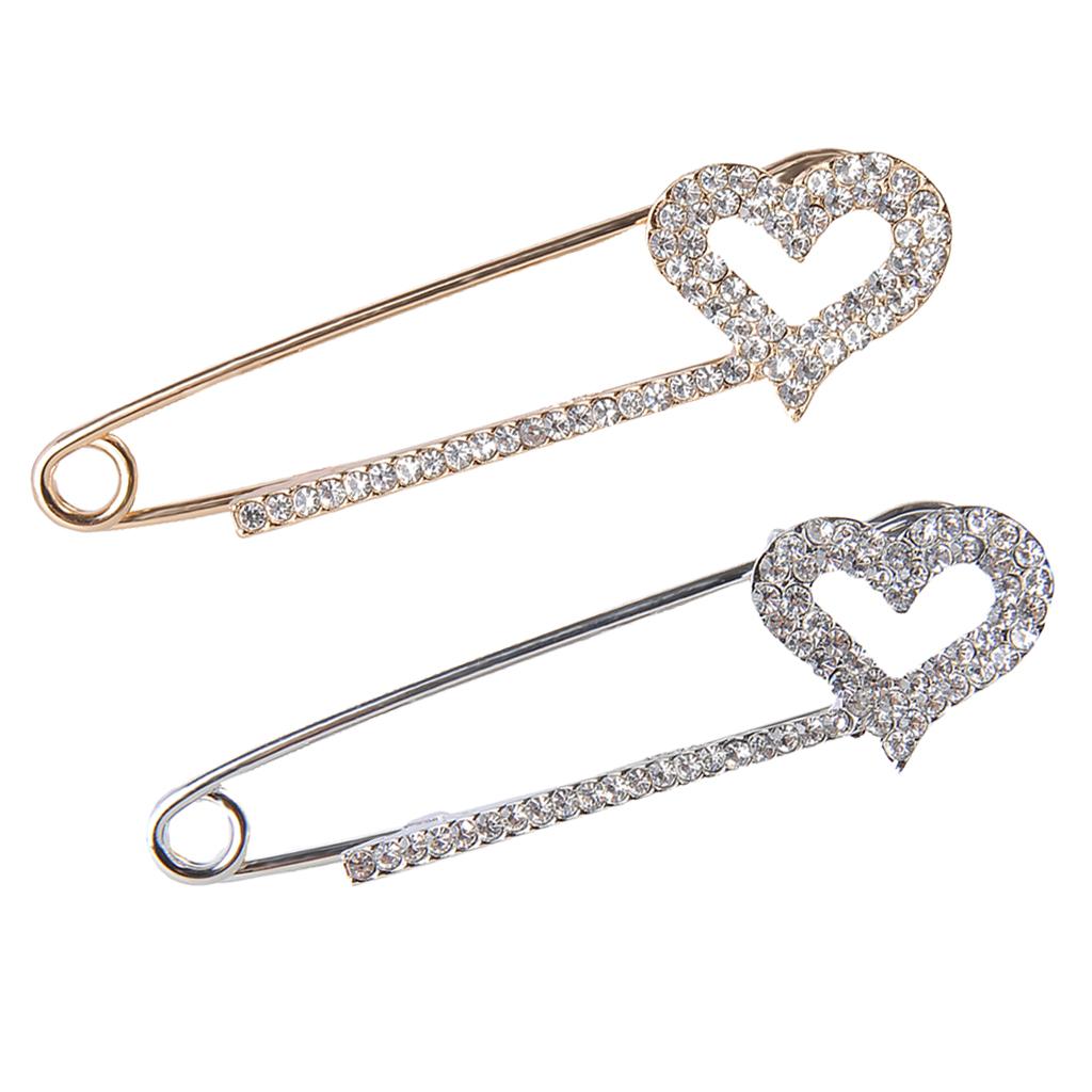 2 Pieces Crystal Safety Pin Scarf Coat Gown Clip Collar Lapel Pin Heart