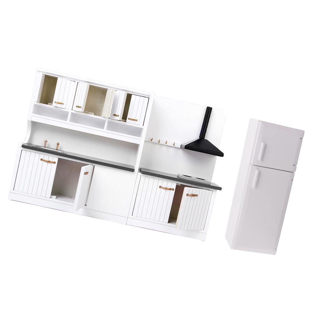 1/12 Dollhouse Miniature Wood Kitchen Cabinet Fridge Furniture Kit Accessory