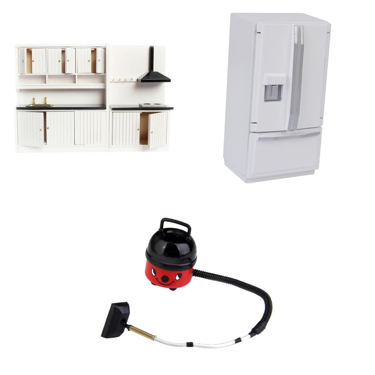 3 Sets 1/12 Dollhouse Miniature Wood Kitchen Cabinet Fridge Vacuum Cleaner