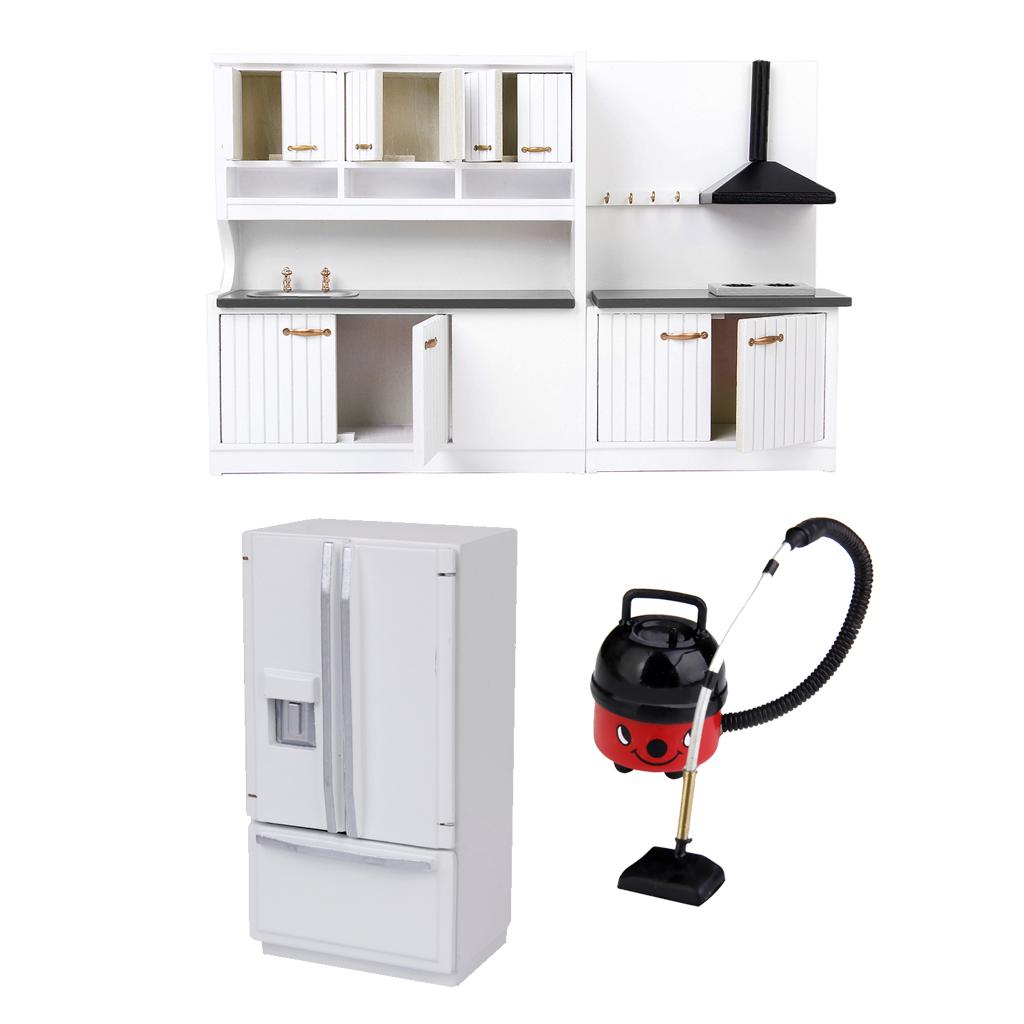 3 Sets 1/12 Dollhouse Miniature Wood Kitchen Cabinet Fridge Vacuum Cleaner