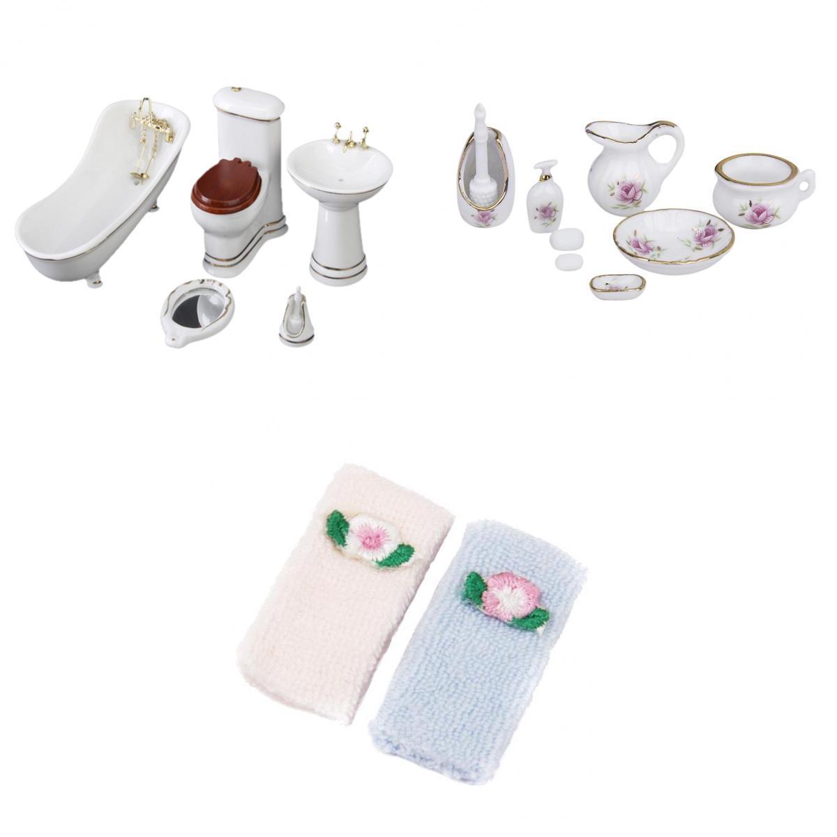 3 Sets 1/12 Dollhouse Miniature Bathroom Furniture Kit Bathtub Toilet Decor