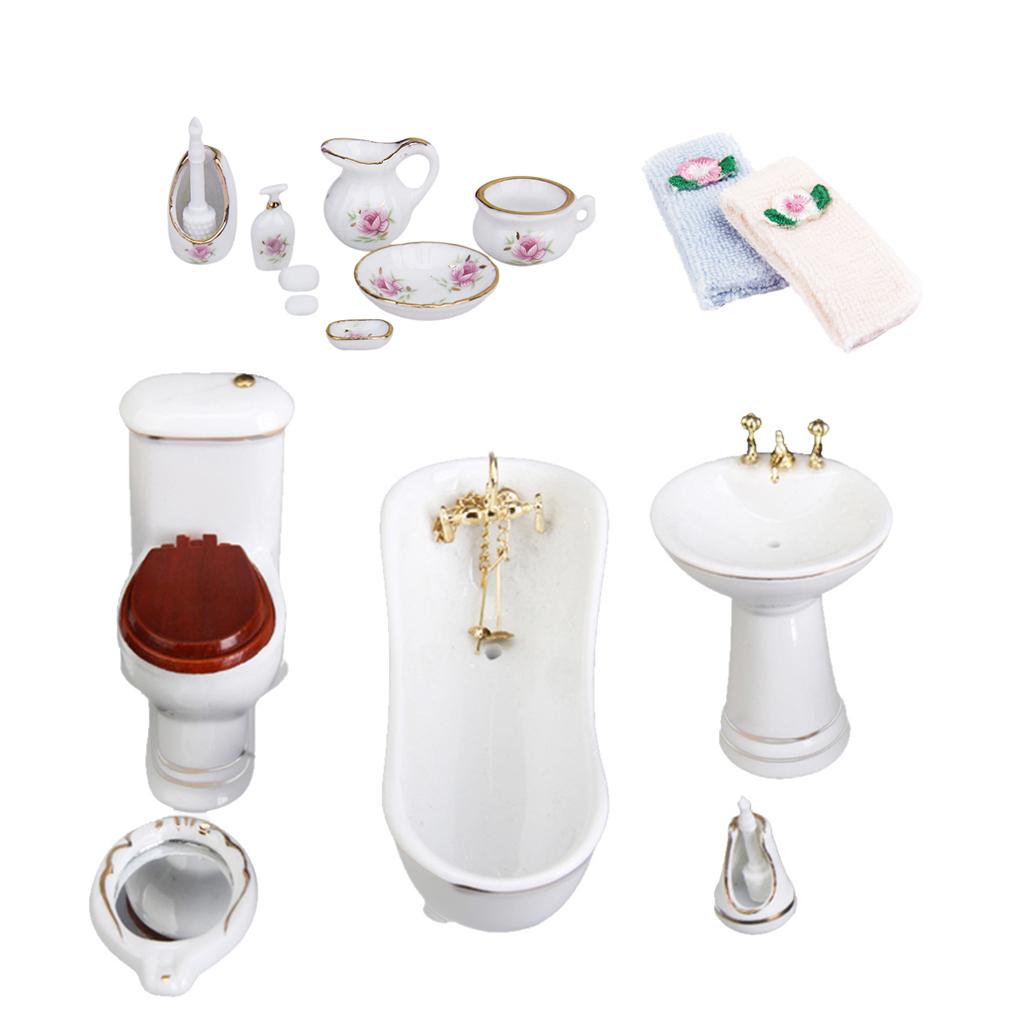 3 Sets 1/12 Dollhouse Miniature Bathroom Furniture Kit Bathtub Toilet Decor