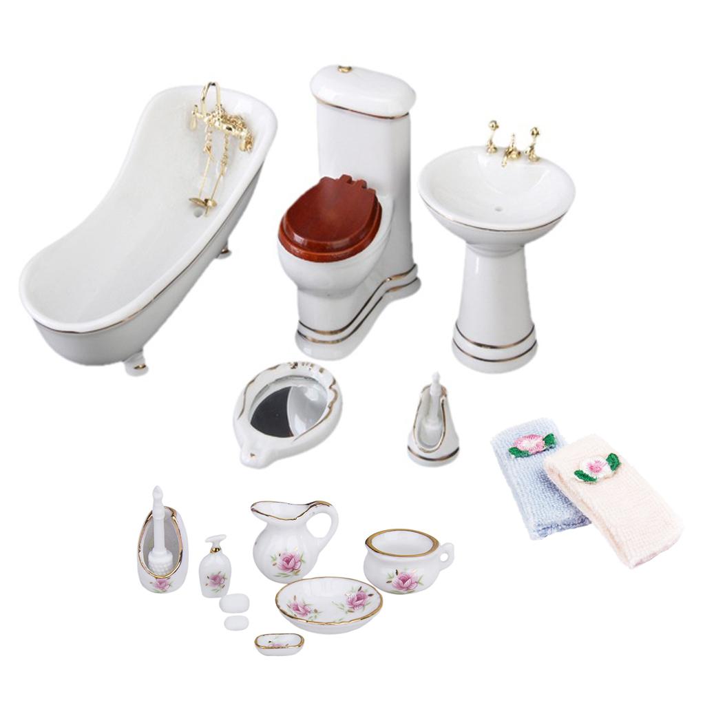 3 Sets 1/12 Dollhouse Miniature Bathroom Furniture Kit Bathtub Toilet Decor