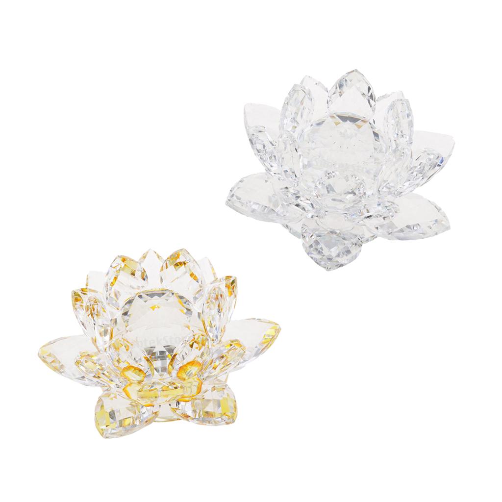2Pcs Crystal Lotus Flower Craft Paperweight Feng Shui Decor Love Holy Transparent + Yellow