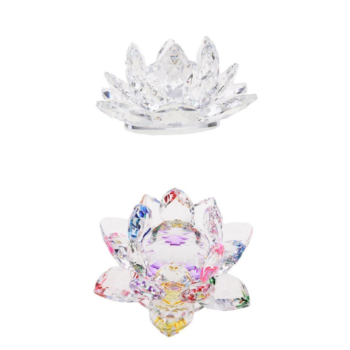 2Pcs Crystal Lotus Flower Craft Paperweight Feng Shui Decor Love Holy Transparent + Colorful