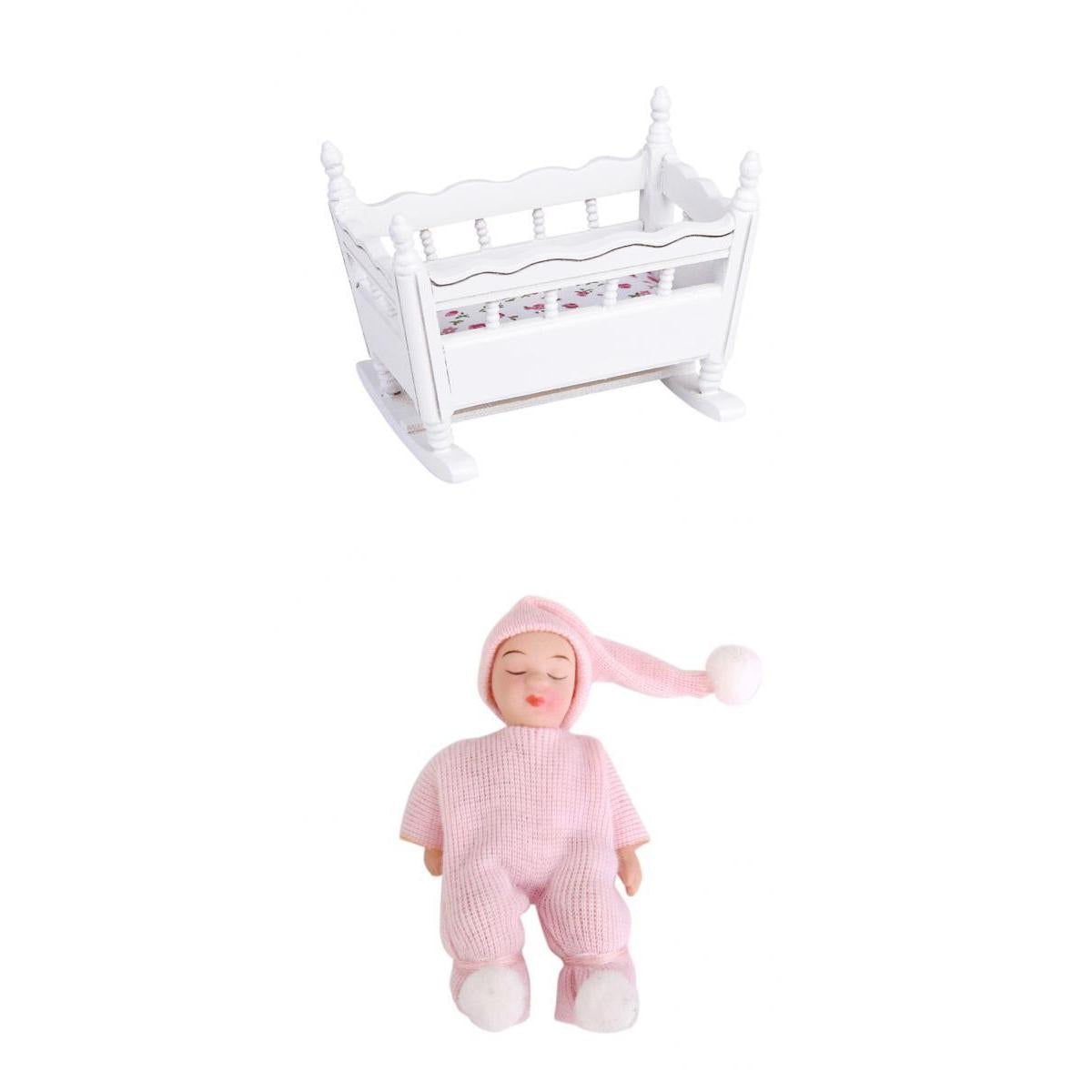 1/12 Dolls House Miniature White Wooden Nursery Cradle Crib + Sleeping Baby
