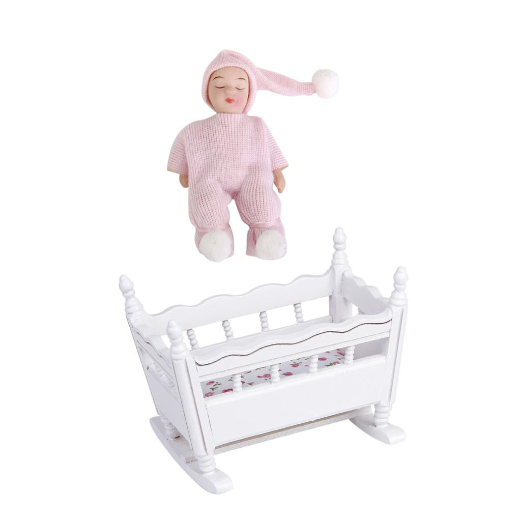 1/12 Dolls House Miniature White Wooden Nursery Cradle Crib + Sleeping Baby