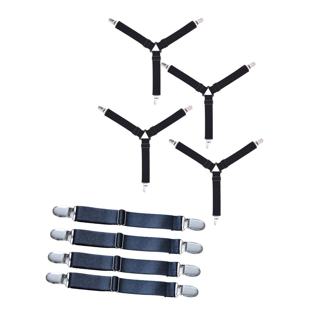 8 Pieces Black Bed Sheet Grippers Suspenders Fastener Clips 3-Head & 2-Head
