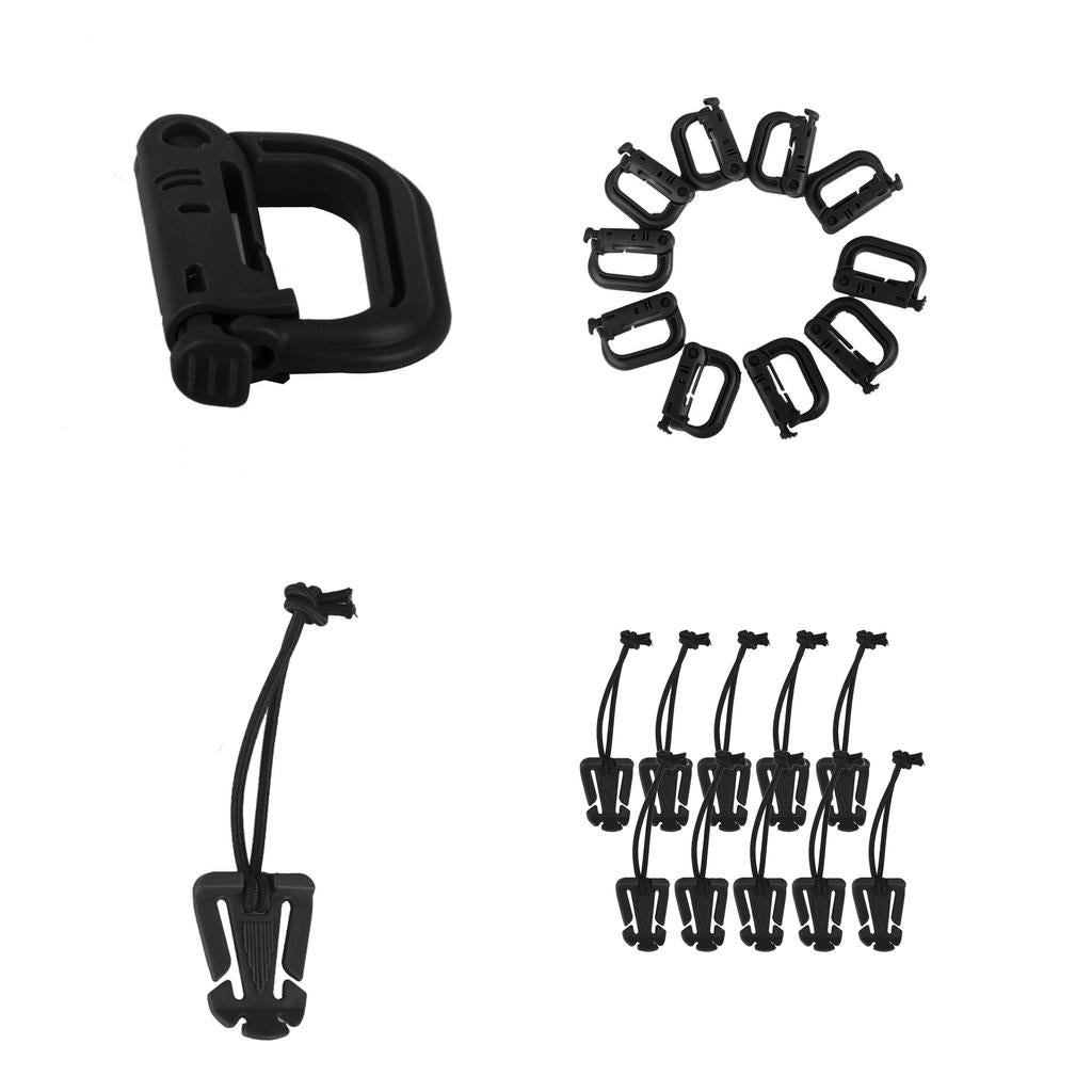 10pcs Nylon Carabiner Keychain Hook D Type Buckle + 10pcs Elastic Rope Clip