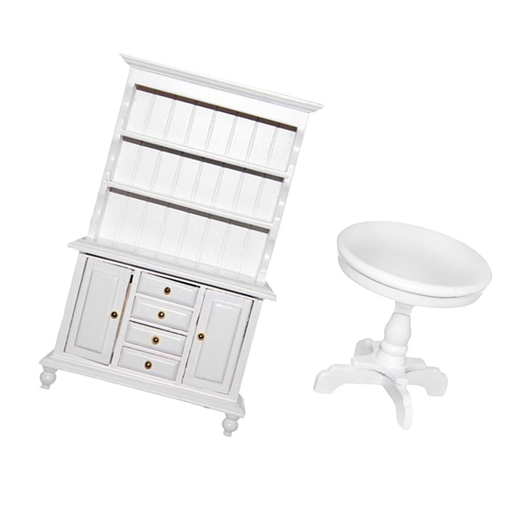 1/12 Dollhouse Miniature Wood Booshelf Cabinet Round Table Furniture Kit