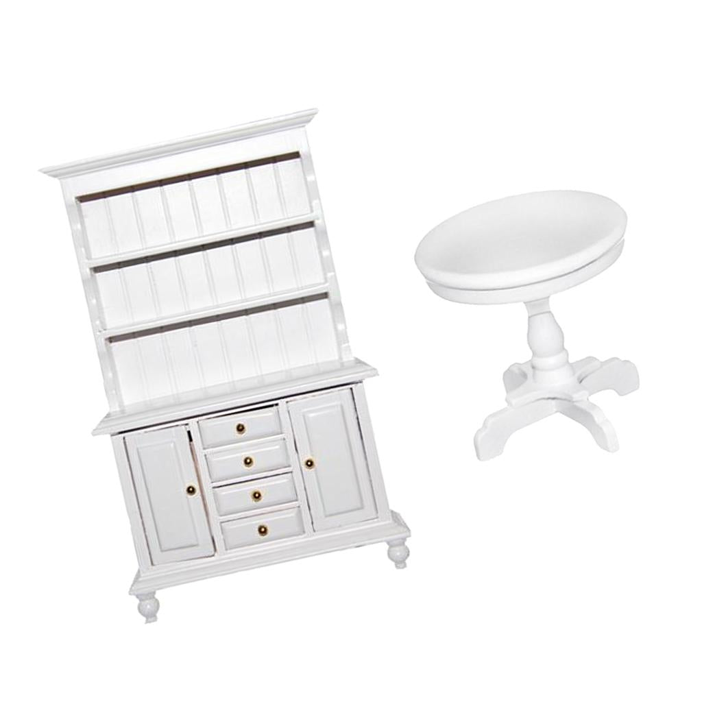 1/12 Dollhouse Miniature Wood Booshelf Cabinet Round Table Furniture Kit