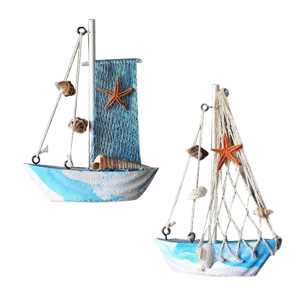 2x Mediterranean Nautical Fishing Net Wooden Sailing Boat Model Home Decor