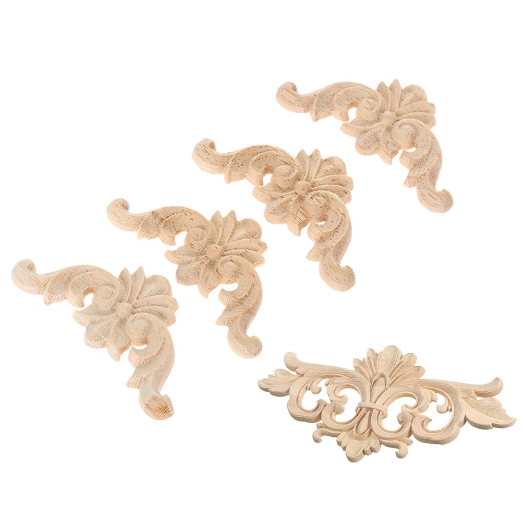 5pcs Wood Carved Corner Onlay Applique Frame Home Decor Furniture Craft DIY