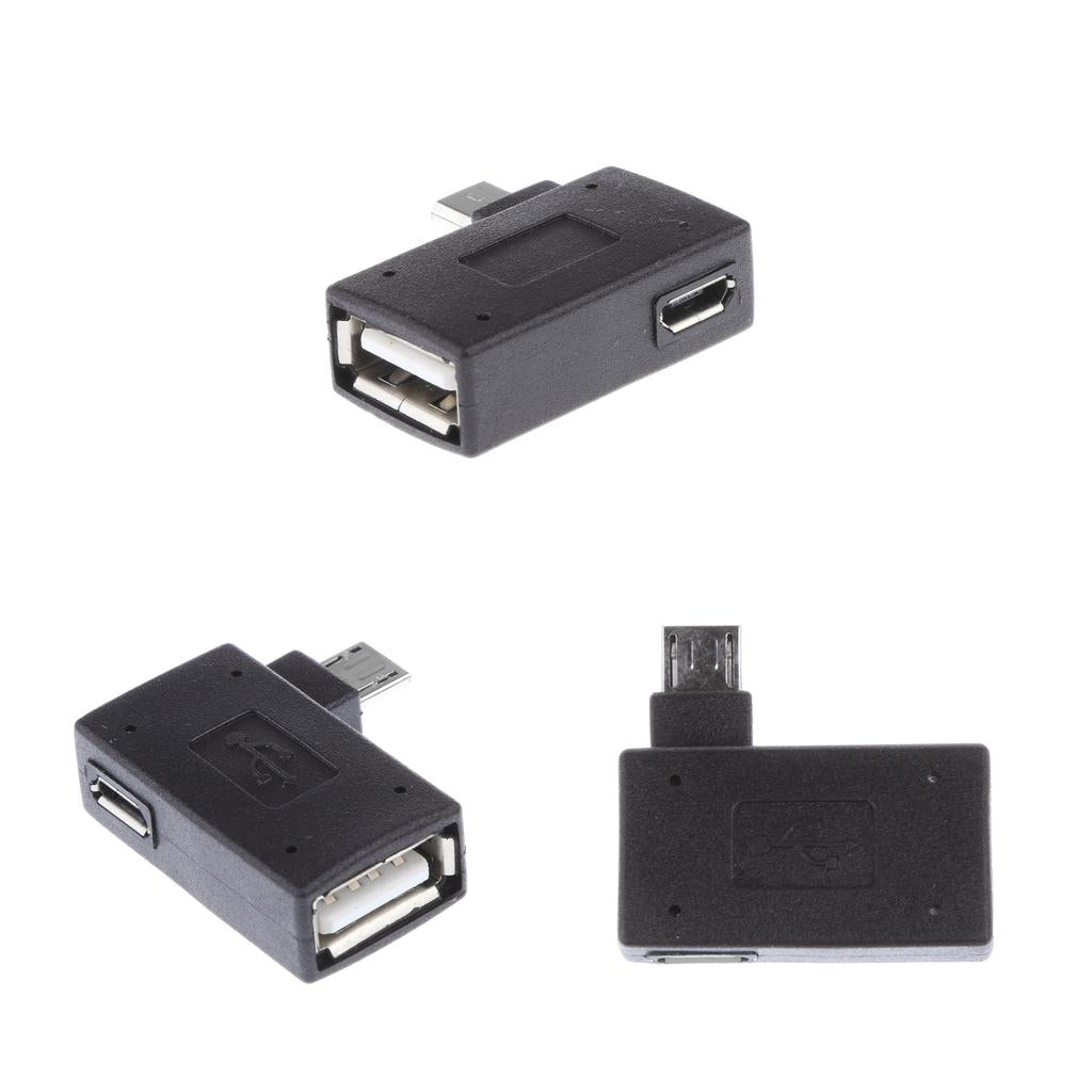 3 Piece 90 degree Left Angle Micro USB 2.0 OTG Host Adapter with USB Power