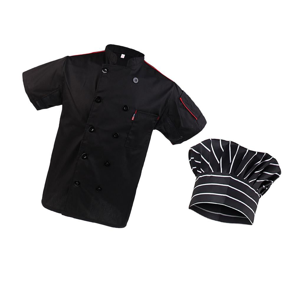 Black Chef Jacket Hotel Kitchen Apparel Coat Waiter Uniforms M Chef Hat Cap