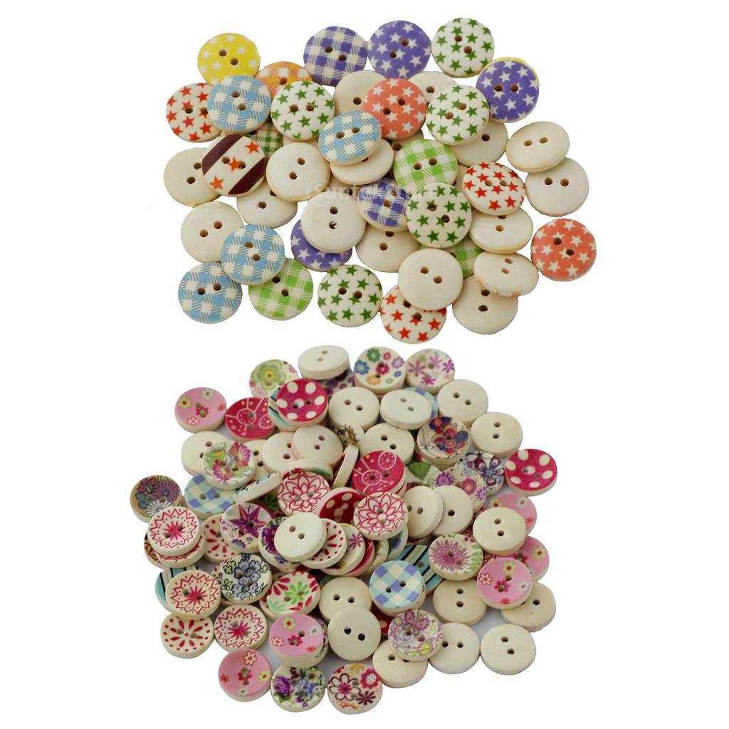 200Pcs 15mm Round Painted Wooden Button Sewing Buttons 2 Holes for Craft