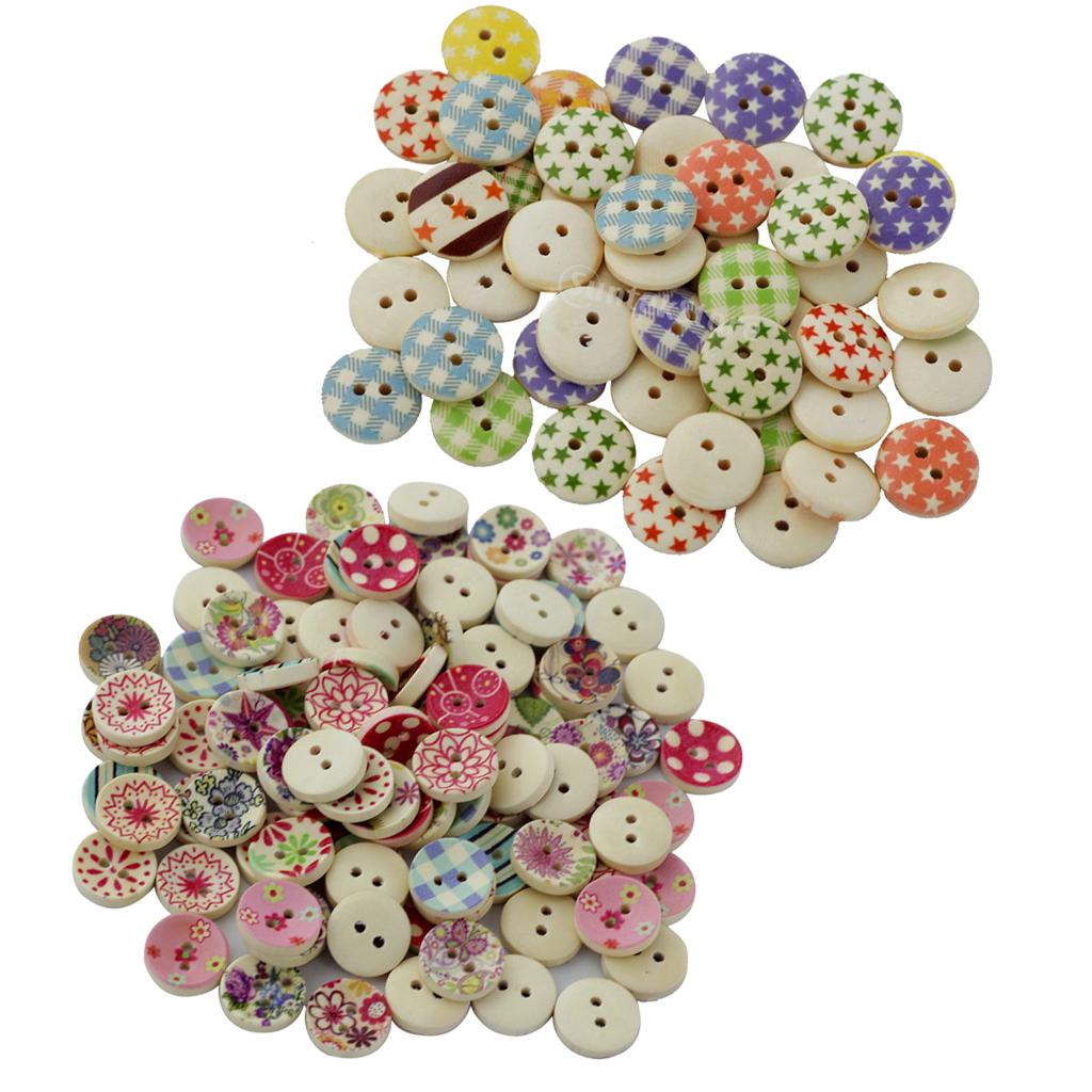 200Pcs 15mm Round Painted Wooden Button Sewing Buttons 2 Holes for Craft