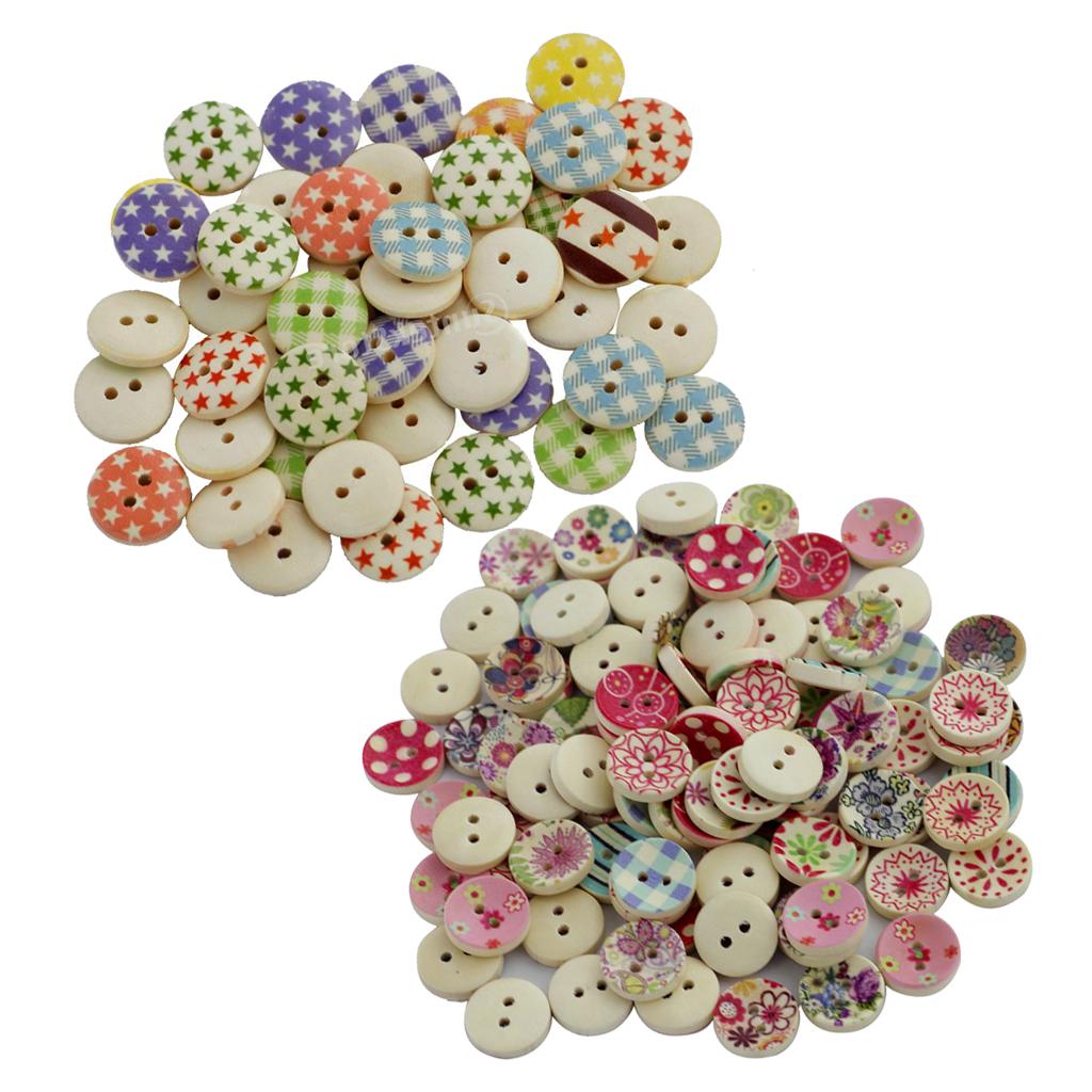 200Pcs 15mm Round Painted Wooden Button Sewing Buttons 2 Holes for Craft