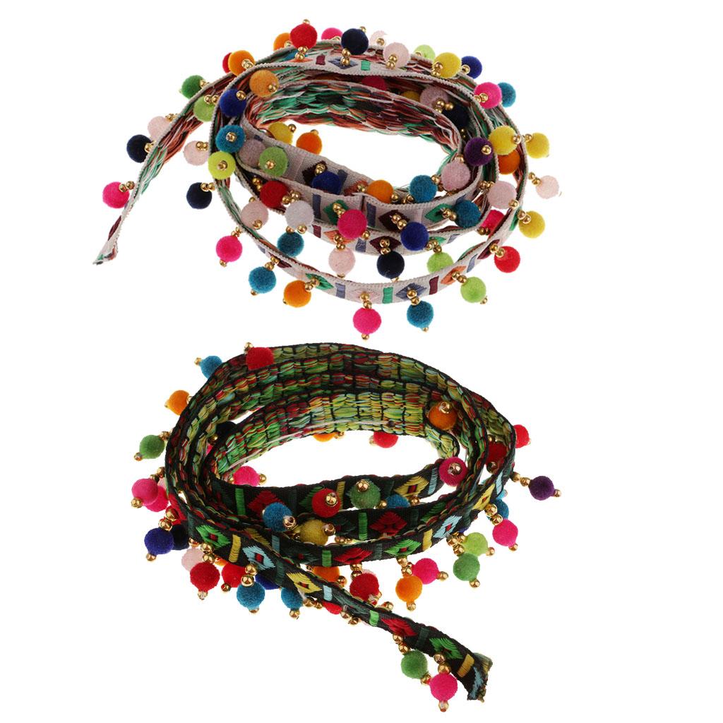 2Pcs Ethnic Style Fringed Lace Jacquard Ribbon with Pompom Ball Trim 1 Yard