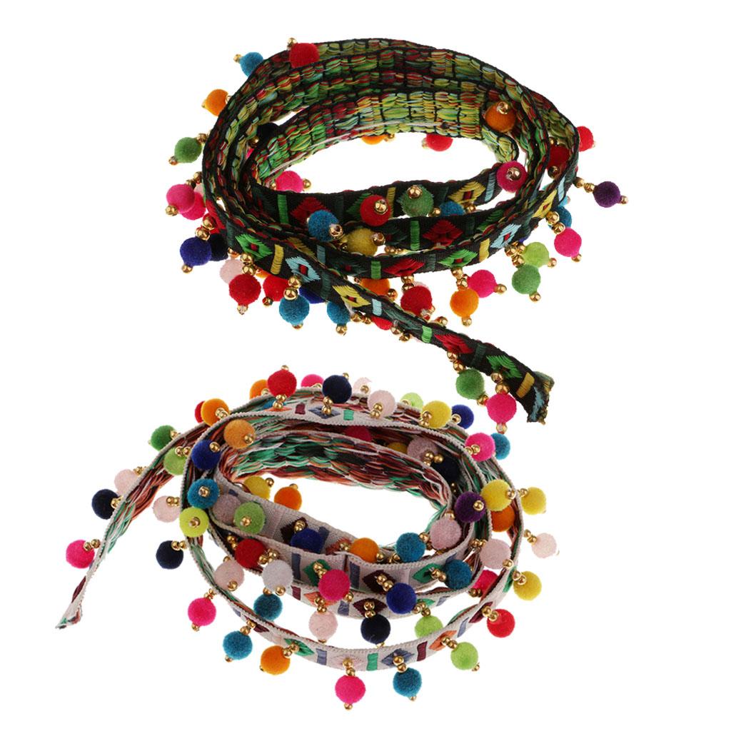 2Pcs Ethnic Style Fringed Lace Jacquard Ribbon with Pompom Ball Trim 1 Yard