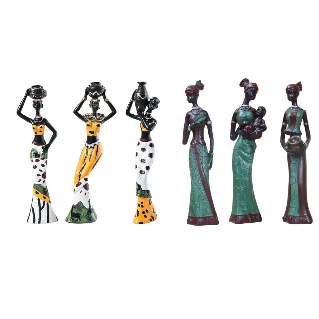 African Figures Sculpture Tribal Lady Figurine Statue Collectible Art 6-Set