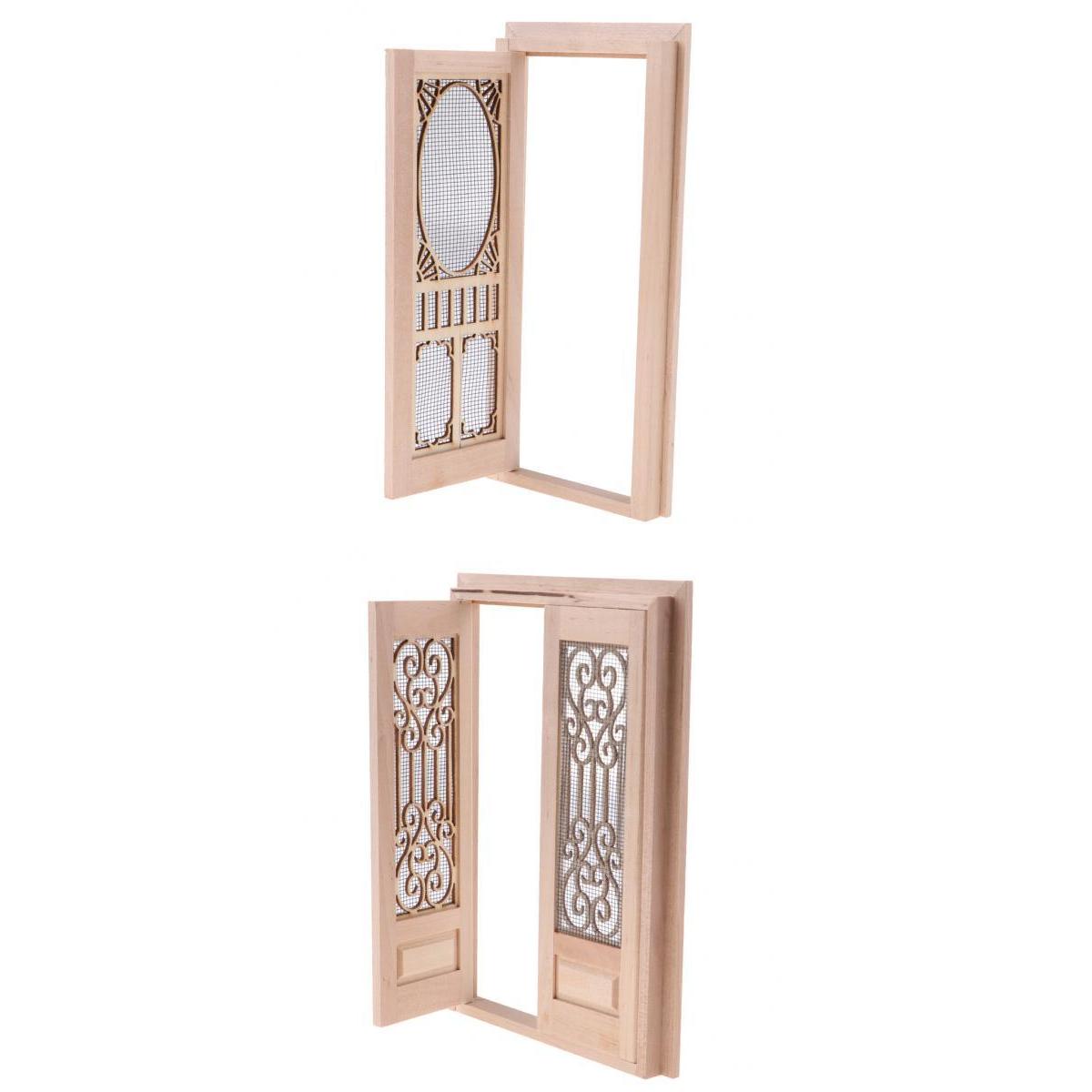 2 Pieces 1/12 Dollhouse Miniature Wood External Hollow Screen Door Unpainted