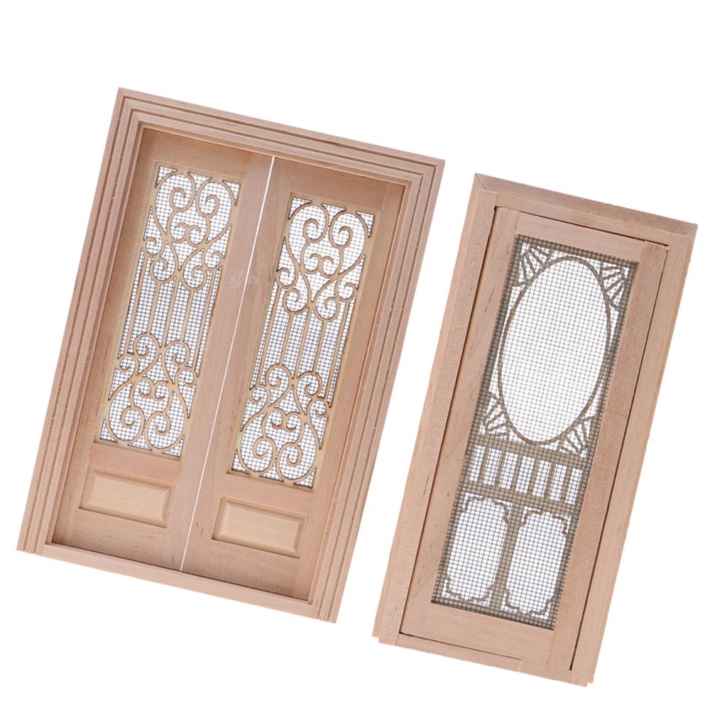 2 Pieces 1/12 Dollhouse Miniature Wood External Hollow Screen Door Unpainted