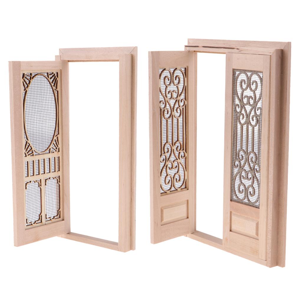 2 Pieces 1/12 Dollhouse Miniature Wood External Hollow Screen Door Unpainted