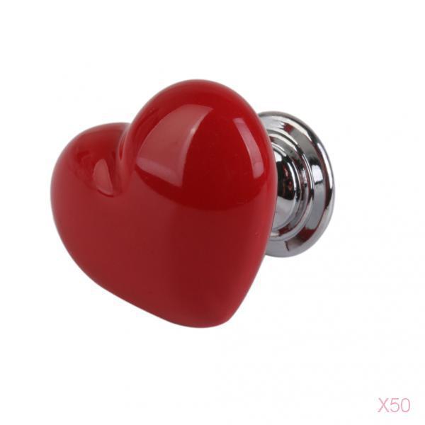 50Pcs Heart Shaped Ceramic Door Drawer Bin Handle Pull Knob Hardware Red S