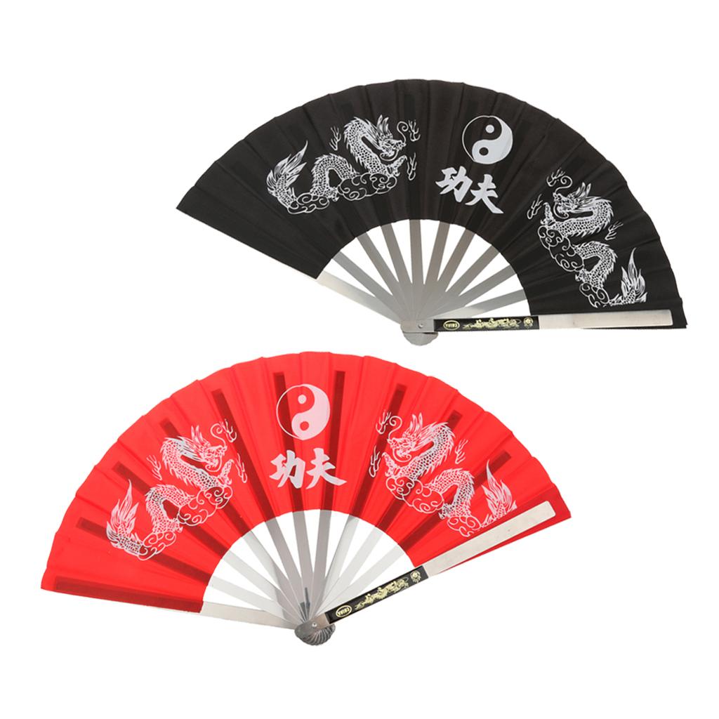 2Pcs Chinese Kung Fu Martial Arts Tai Chi Dragon Stainless Steel Frame Fan