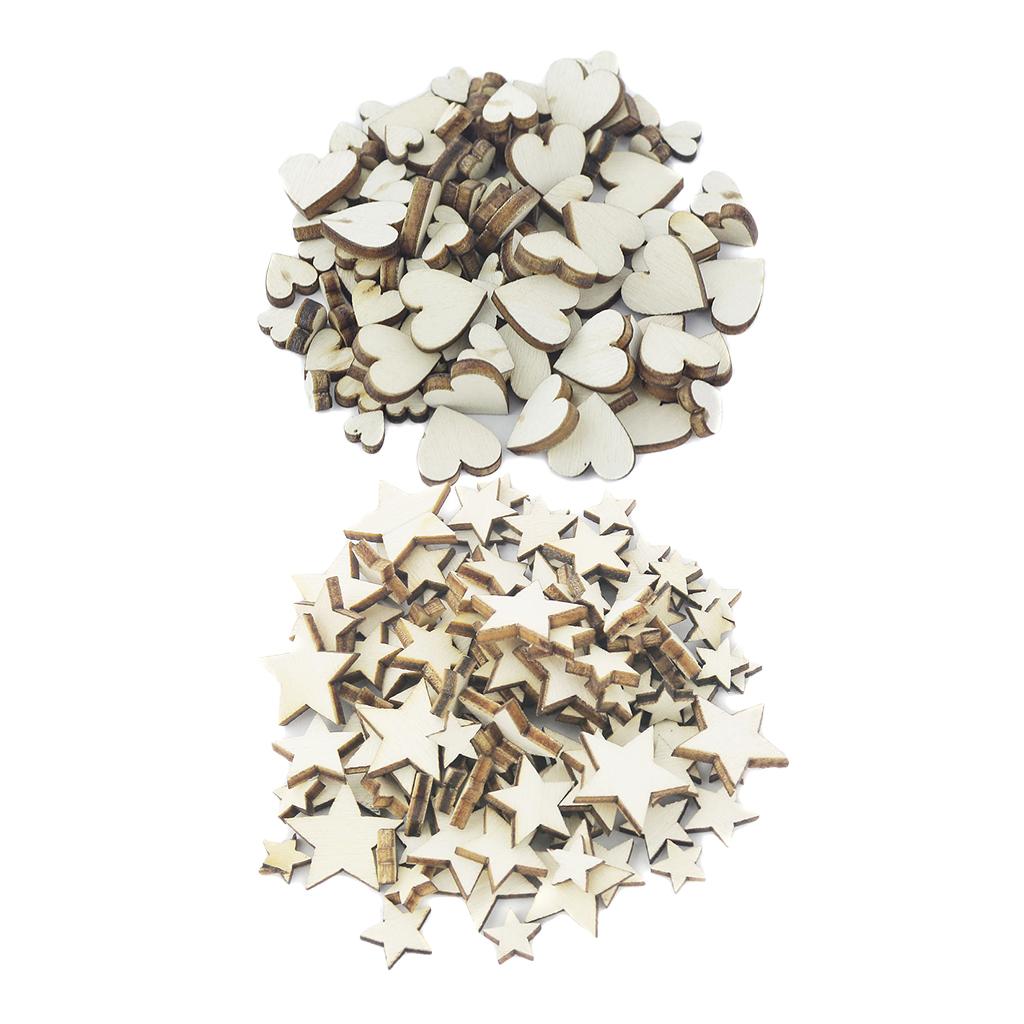 200 Pieces Mixed Size Unfinished Wood Star Heart Shape Wooden Embellishment