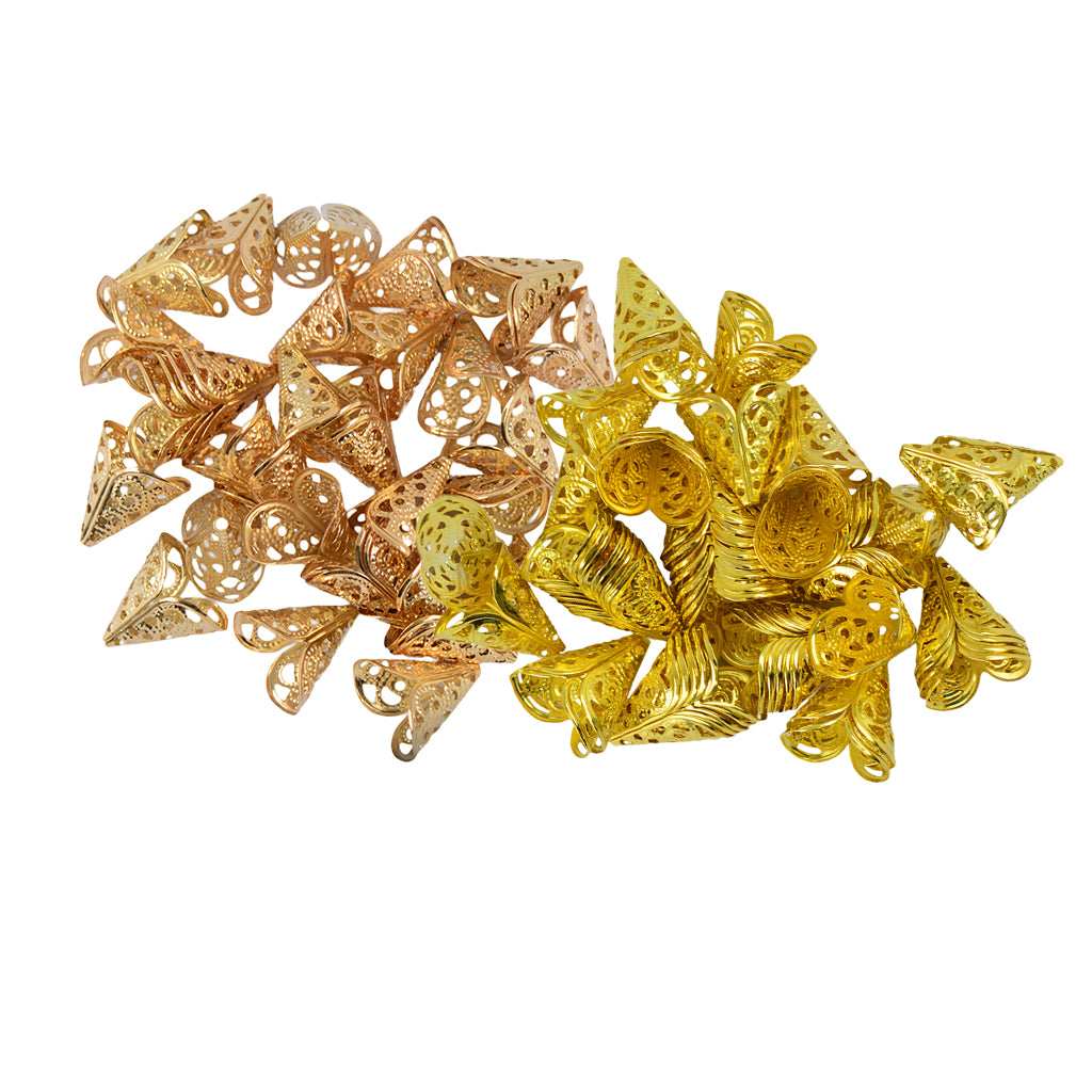 100 Pieces 16mm Filigree Cone Flower Beads Cap for Jewelry Making Gold
