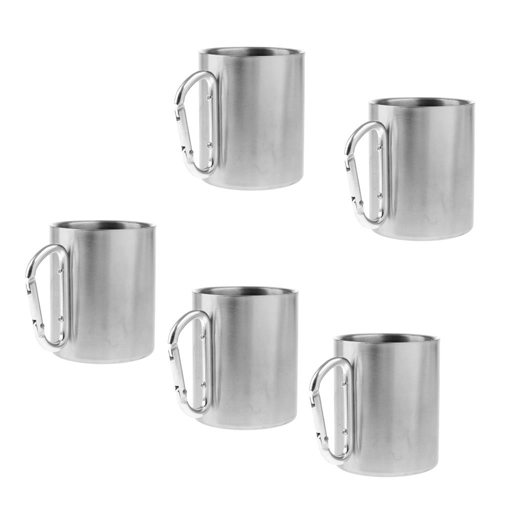 5pcs 300ML Stainless Steel Outdoor Camping Cup Coffee Mug W/ Carabiner Hook