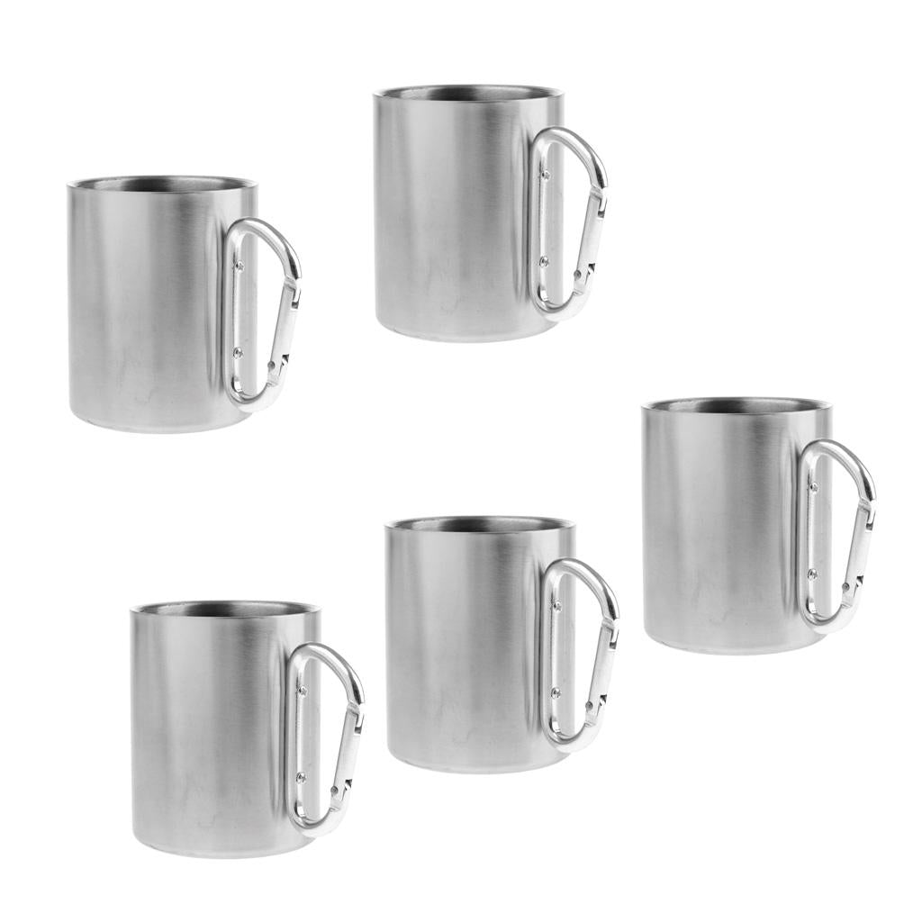 5pcs 300ML Stainless Steel Outdoor Camping Cup Coffee Mug W/ Carabiner Hook