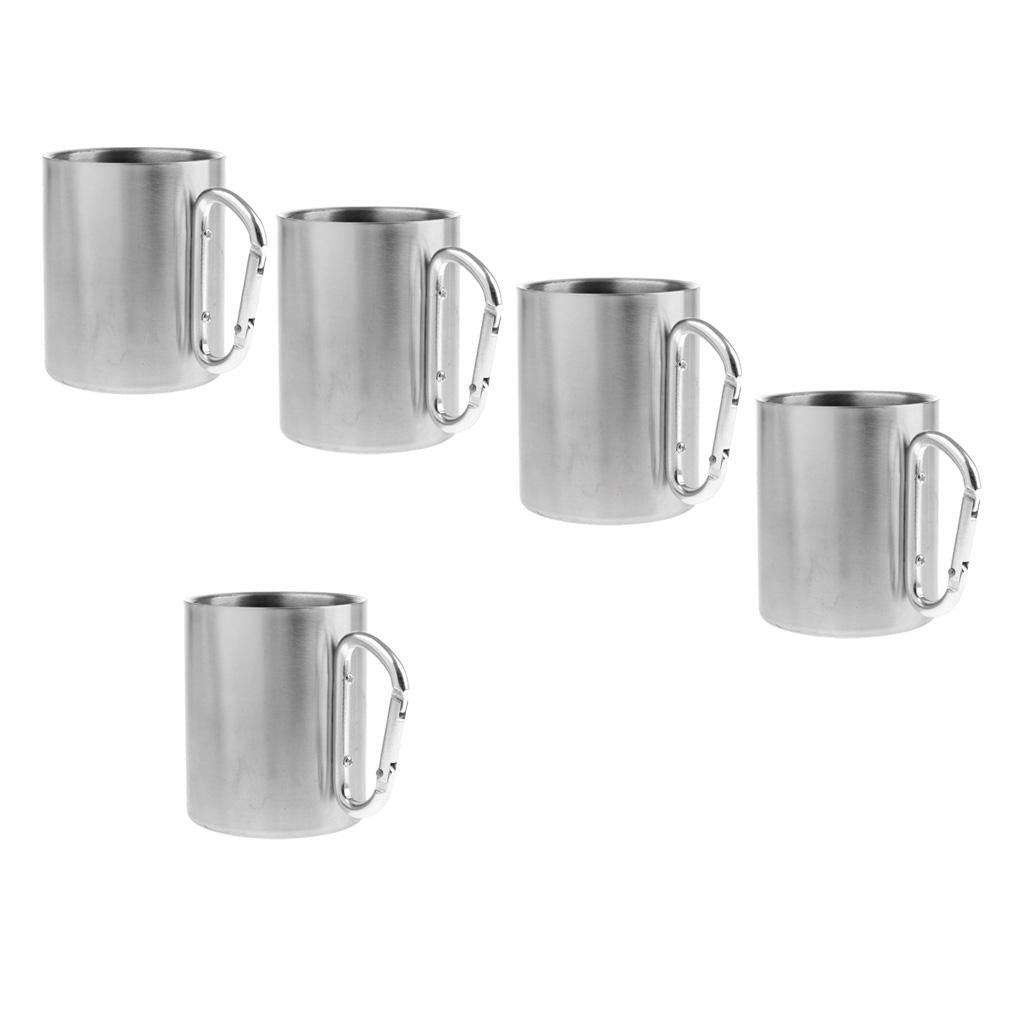 5pcs 300ML Stainless Steel Outdoor Camping Cup Coffee Mug W/ Carabiner Hook