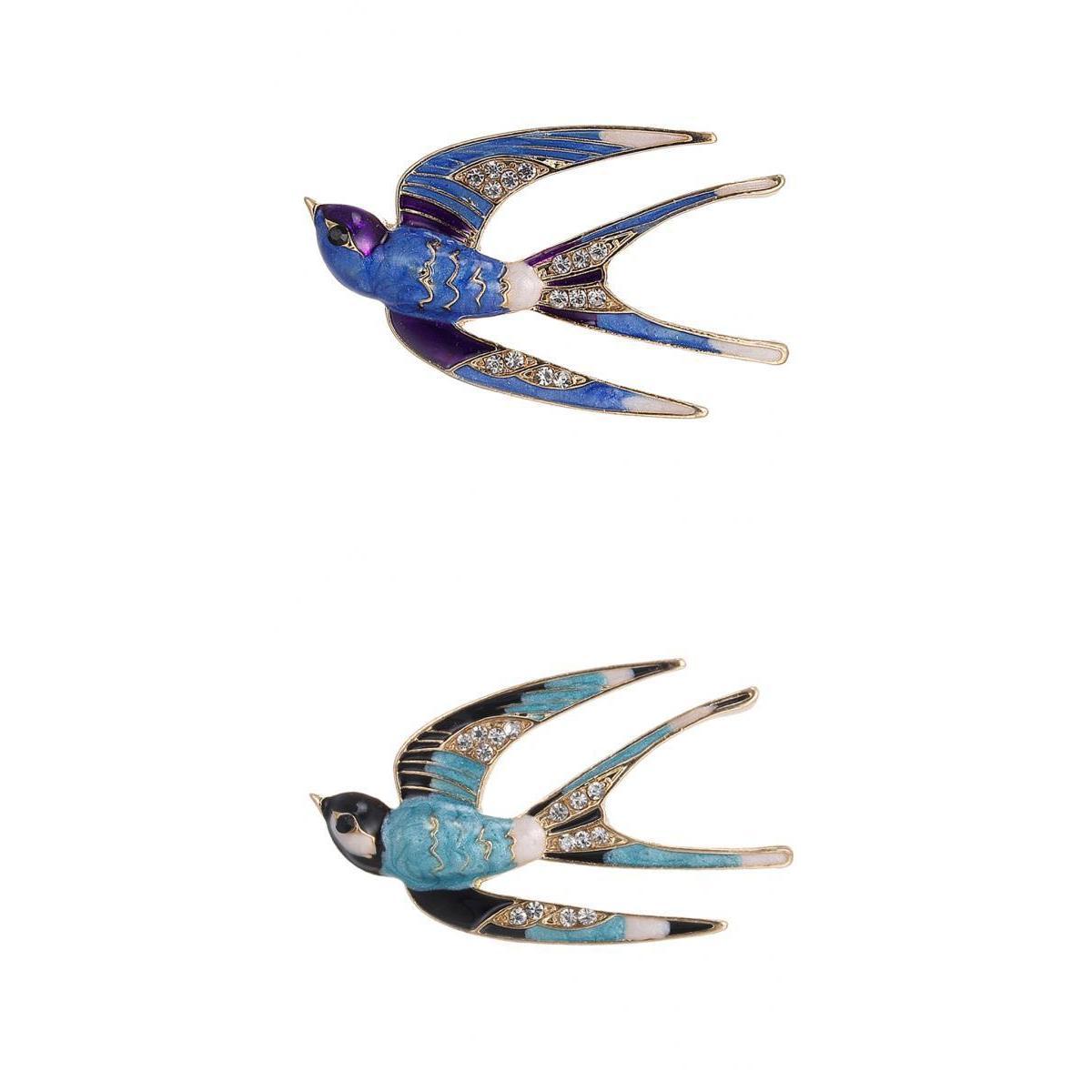 2pieces Women Jewelry Rhinestone Swallow Animal Brooch Corsage Collar Pin