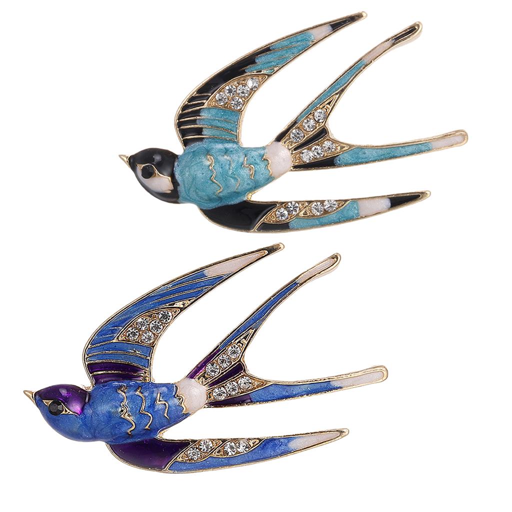 2pieces Women Jewelry Rhinestone Swallow Animal Brooch Corsage Collar Pin