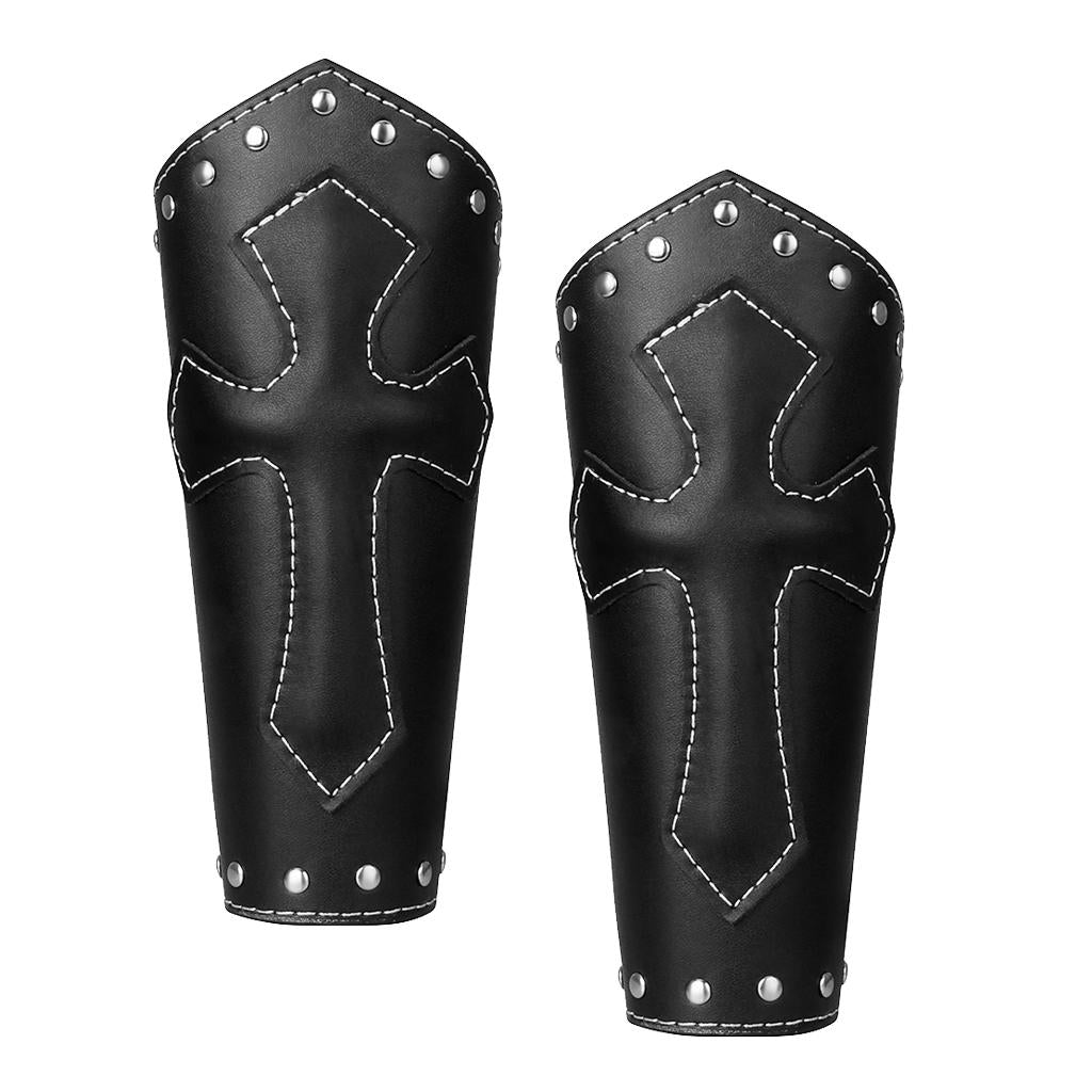 2Piece PU Leather Punk Arm Guard Cross Wristband Medieval Wrist Bracer Black