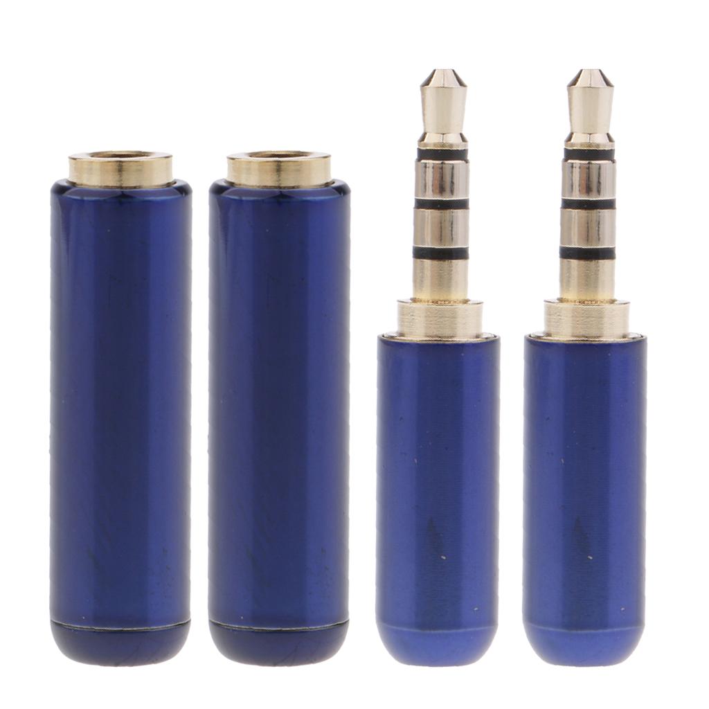 2 Pieces 3.5mm TRRS 4 Pole Male +Female Plug A/V Solder Connector Blue