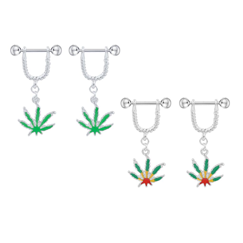 2 Pairs Natural Maple Leaf Dangle Straight Barbell Nipple Ring Shield