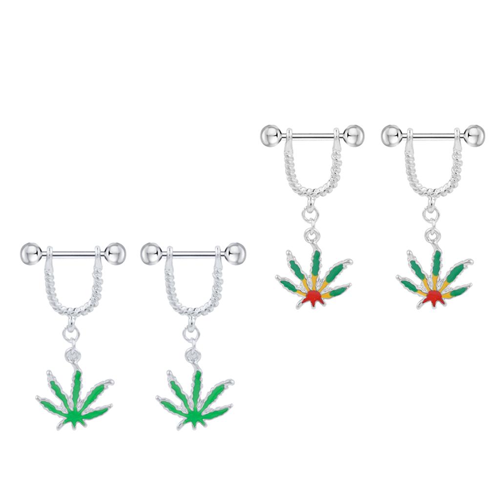 2 Pairs Natural Maple Leaf Dangle Straight Barbell Nipple Ring Shield