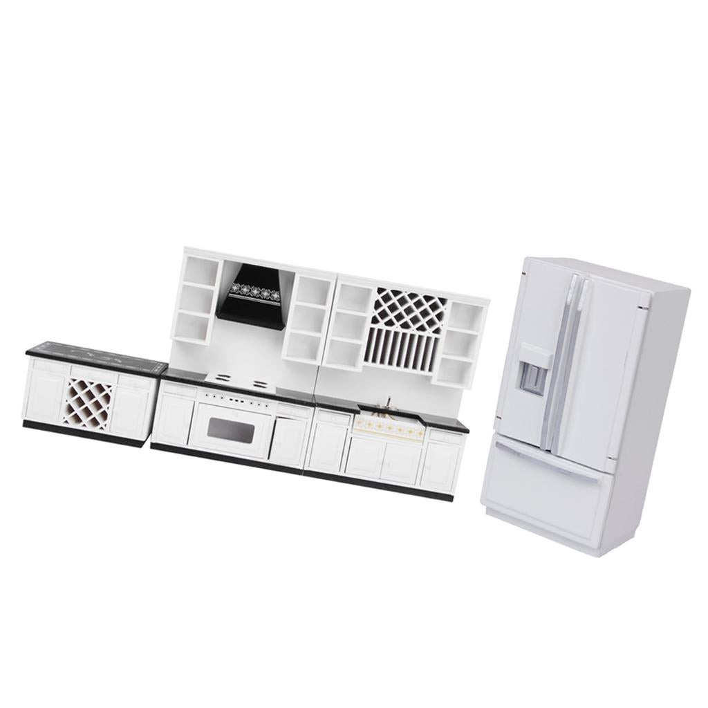 1/12 Dollhouse Miniature Furniture Wooden Deluxe Kitchen Set White Fridge