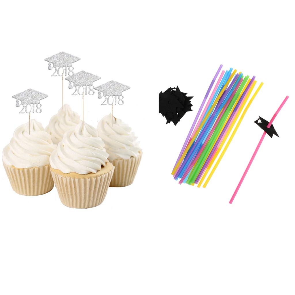 2018 Graduation Cap Cupcake Picks Drinking Straws Grad Party Decoration