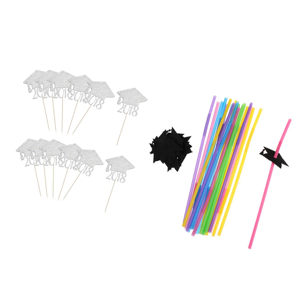 2018 Graduation Cap Cupcake Picks Drinking Straws Grad Party Decoration