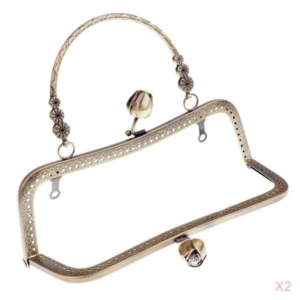 2pieces Metal Purse Frame Kiss Clasp Lock with Handle DIY Crafts 20cm Bronze