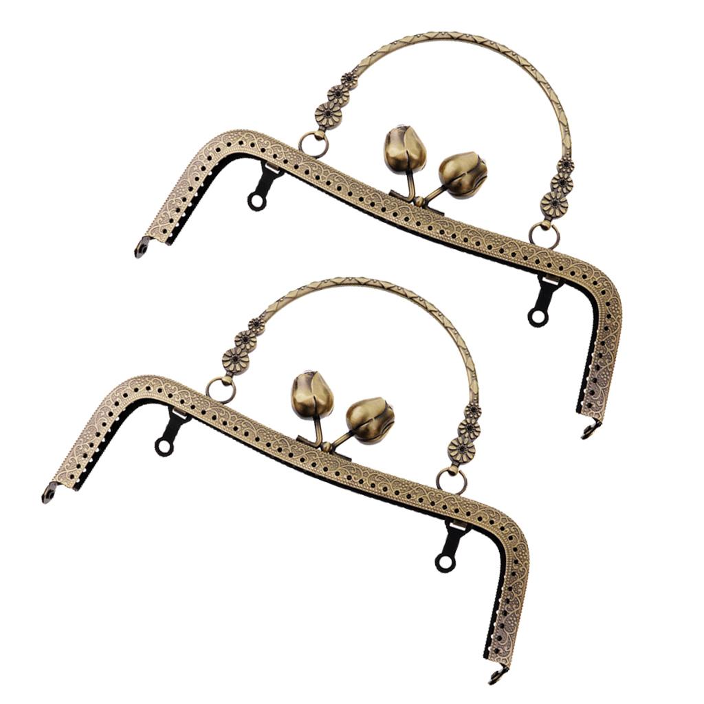 2pieces Metal Purse Frame Kiss Clasp Lock with Handle DIY Crafts 20cm Bronze
