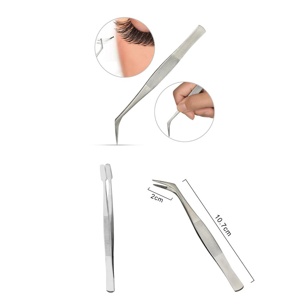 2Pcs Eyelash Tweezers Curved Flat Clip Extension False Lash Applicator Clamp
